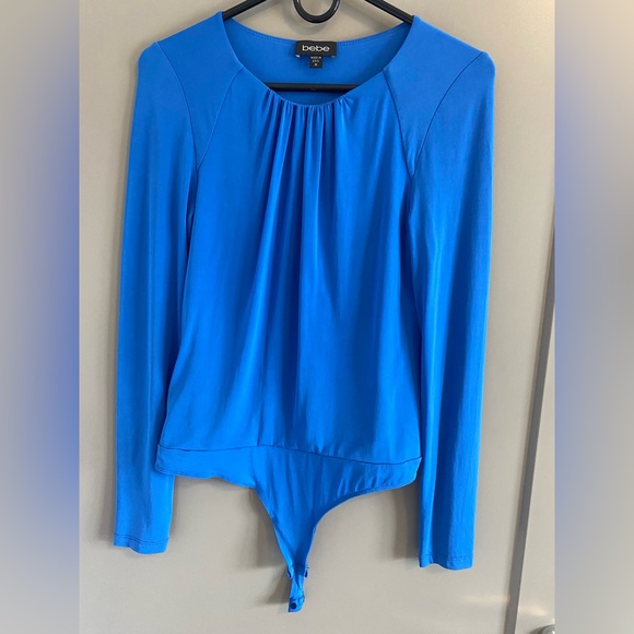 Bebe Blue long-sleeve Bodysuit with gathered neck detail Size Medium - Picture 8 of 11